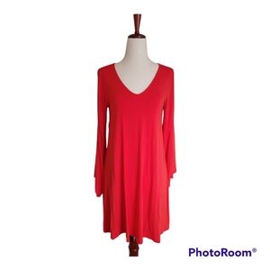 Loft Bright Red V-Neck Stretch Swing Dress with Dramatic Bell Sleeves Si…